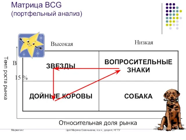 Маркетинг Цой Марина Евгеньевна, к.э.н., доцент, НГТУ Матрица BCG (портфельный анализ) Относительная