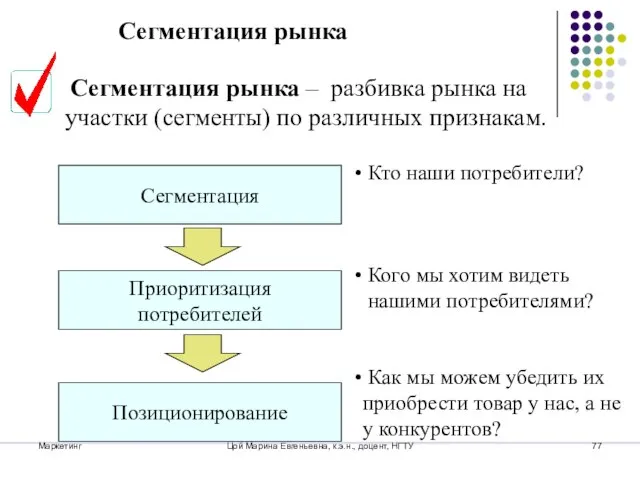 Маркетинг Цой Марина Евгеньевна, к.э.н., доцент, НГТУ Сегментация рынка – разбивка рынка