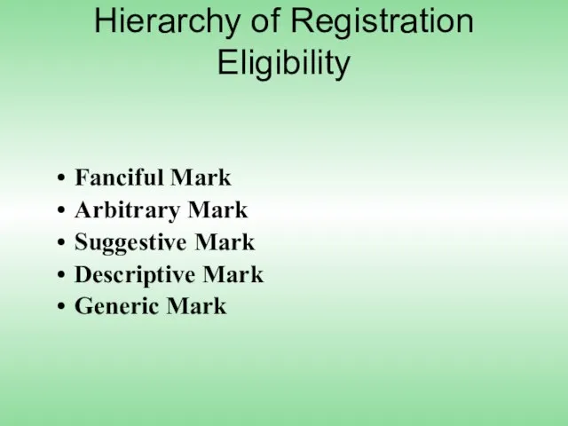 Hierarchy of Registration Eligibility Fanciful Mark Arbitrary Mark Suggestive Mark Descriptive Mark Generic Mark