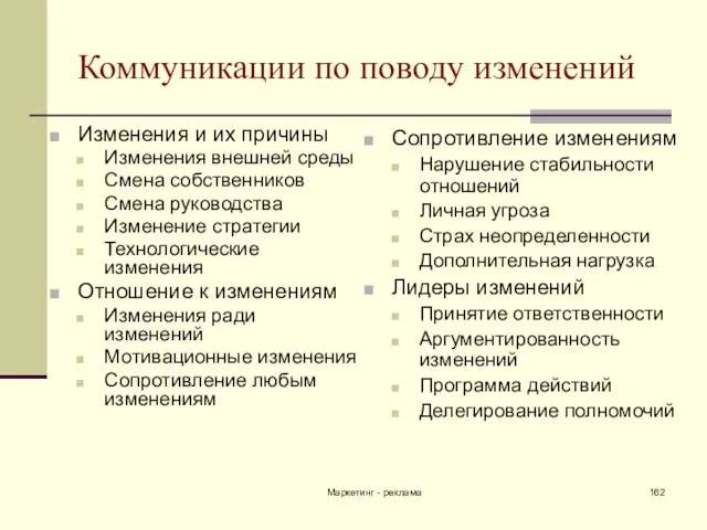 Маркетинг - реклама Коммуникации по поводу изменений Изменения и их причины Изменения