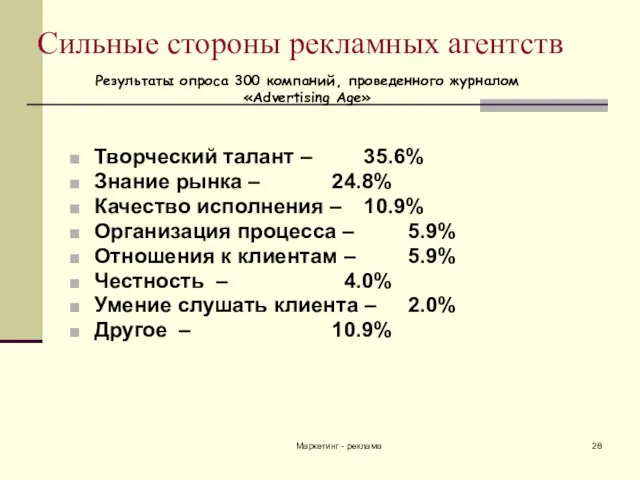 Маркетинг - реклама Сильные стороны рекламных агентств Творческий талант – 35.6% Знание