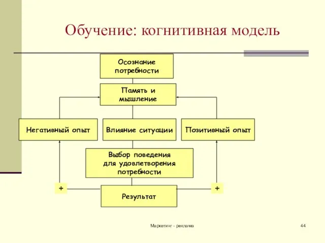 Маркетинг - реклама Обучение: когнитивная модель Осознание потребности Память и мышление Влияние