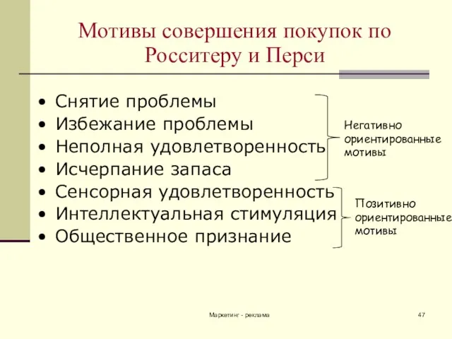 Маркетинг - реклама Мотивы совершения покупок по Росситеру и Перси Снятие проблемы