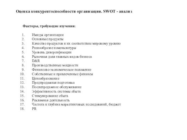 Оценка конкурентоспособности организации. SWOT - анализ Факторы, требующие изучения: Имидж организации Основные