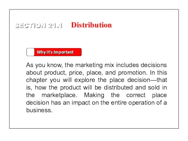 SECTION 21.1 Why It's Important As you know, the marketing mix includes