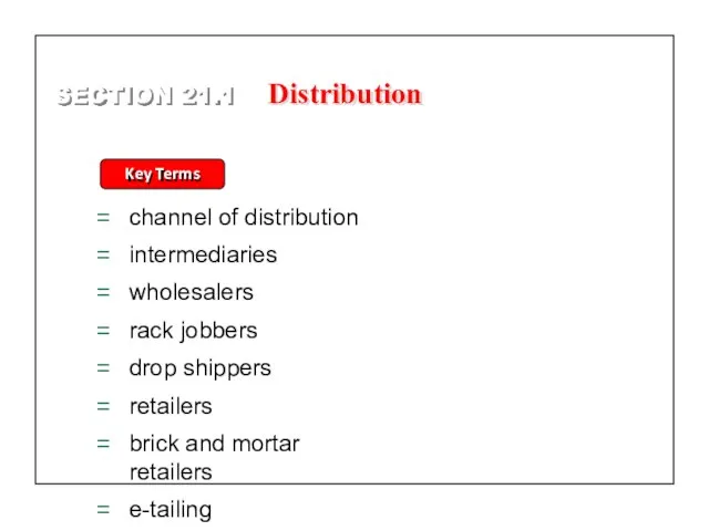 SECTION 21.1 Key Terms channel of distribution intermediaries wholesalers rack jobbers drop