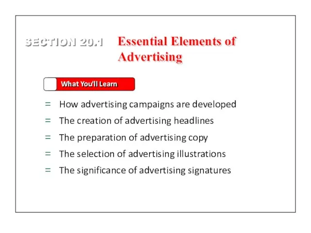 SECTION 20.1 What You'll Learn How advertising campaigns are developed The creation