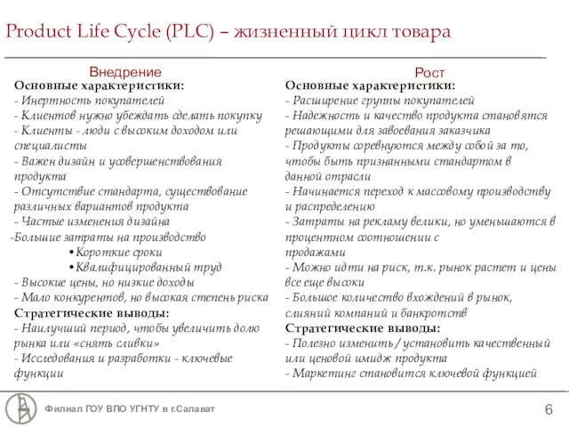 Product Life Cycle (PLC) – жизненный цикл товара Внедрение Рост Основные характеристики: