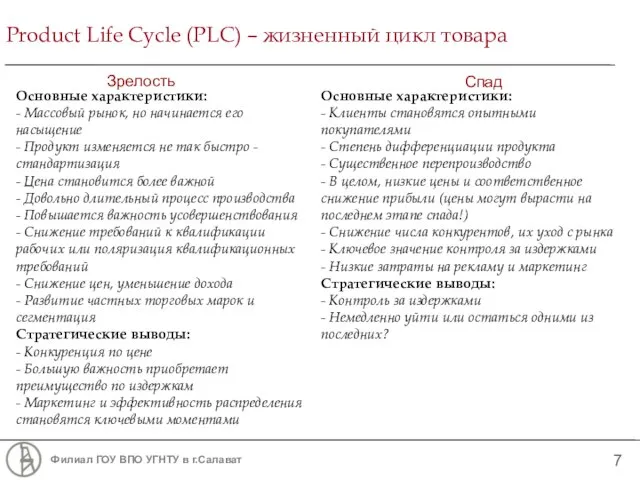 Product Life Cycle (PLC) – жизненный цикл товара Зрелость Спад Основные характеристики: