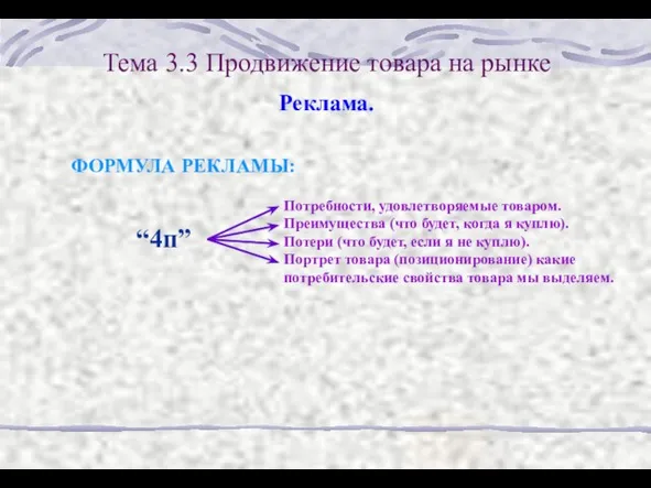 Тема 3.3 Продвижение товара на рынке Реклама. ФОРМУЛА РЕКЛАМЫ: “4п” Потребности, удовлетворяемые