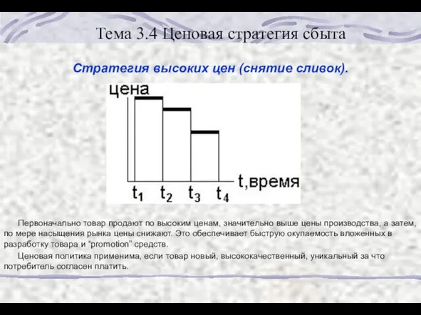 Тема 3.4 Ценовая стратегия сбыта Стратегия высоких цен (снятие сливок). Первоначально товар