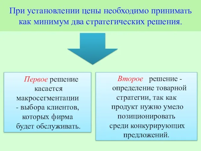 При установлении цены необходимо принимать как минимум два стратегических решения. Первое решение