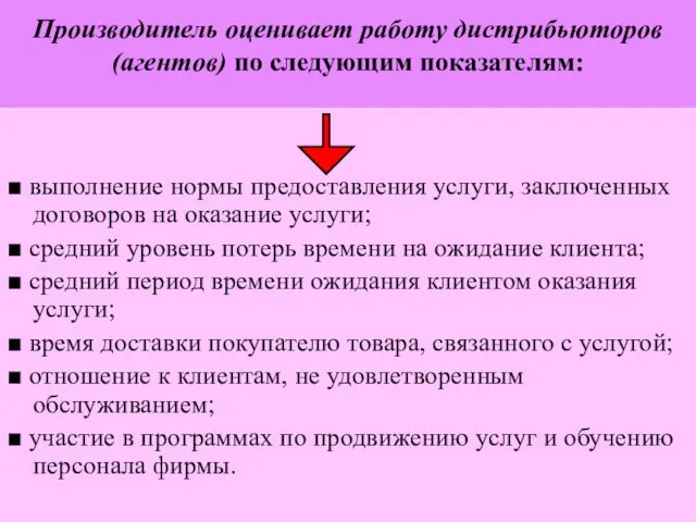 Производитель оценивает работу дистрибьюторов (агентов) по следующим показателям: ■ выполнение нормы предоставления