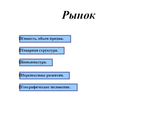 Рынок Емкость, объем продаж. Товарная структура. Конъюнктура. Перспективы развития. Географическое положение.