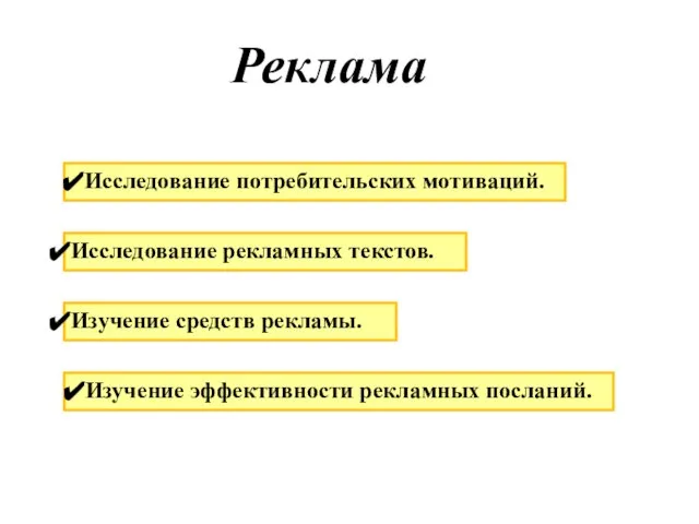 Реклама Исследование потребительских мотиваций. Исследование рекламных текстов. Изучение средств рекламы. Изучение эффективности рекламных посланий.