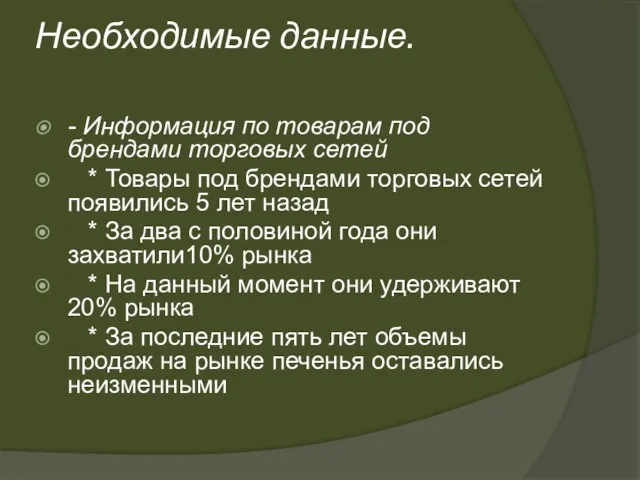 Необходимые данные. - Информация по товарам под брендами торговых сетей * Товары