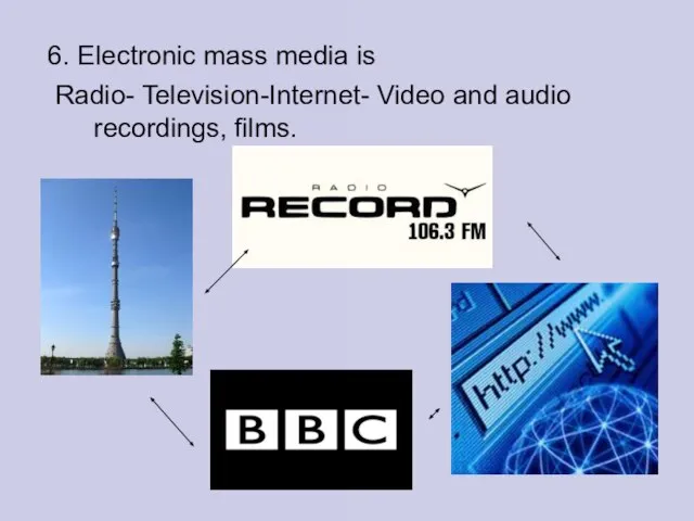 6. Electronic mass media is Radio- Television-Internet- Video and audio recordings, films.