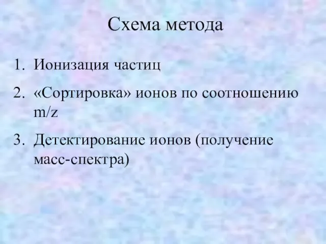 Схема метода Ионизация частиц «Сортировка» ионов по соотношению m/z Детектирование ионов (получение масс-спектра)