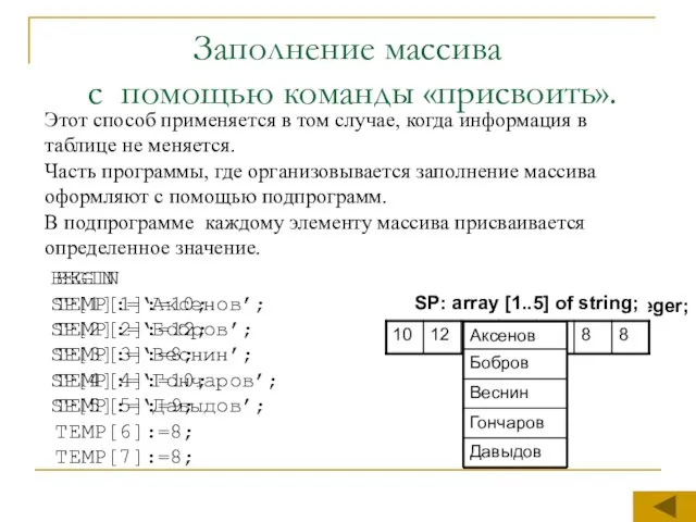 Заполнение массива с помощью команды «присвоить». Этот способ применяется в том случае,