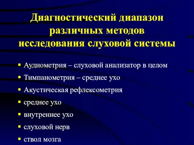 Диагностический диапазон различных методов исследования слуховой системы Аудиометрия – слуховой анализатор в