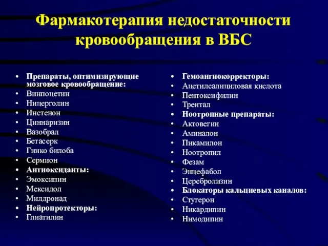 Фармакотерапия недостаточности кровообращения в ВБС Препараты, оптимизирующие мозговое кровообращение: Винпоцетин Ницерголин Инстенон