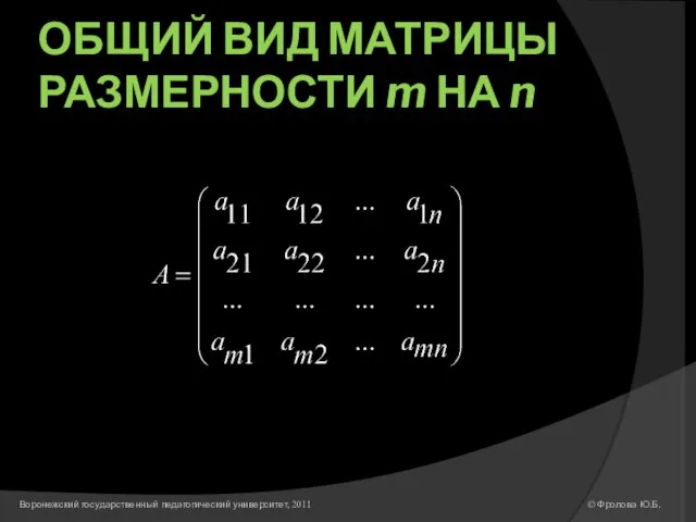 ОБЩИЙ ВИД МАТРИЦЫ РАЗМЕРНОСТИ m НА n © Фролова Ю.Б. Воронежский государственный педагогический университет, 2011