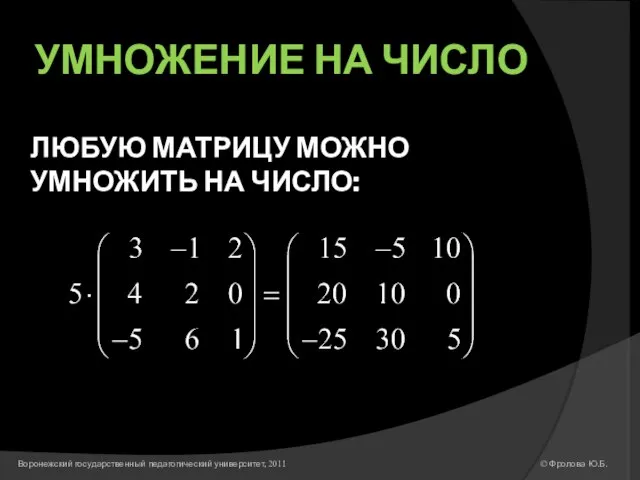 УМНОЖЕНИЕ НА ЧИСЛО ЛЮБУЮ МАТРИЦУ МОЖНО УМНОЖИТЬ НА ЧИСЛО: © Фролова Ю.Б.