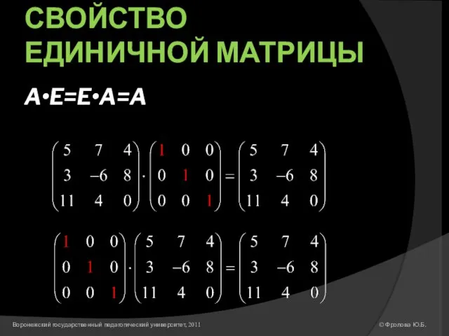 СВОЙСТВО ЕДИНИЧНОЙ МАТРИЦЫ A•E=E•A=A © Фролова Ю.Б. Воронежский государственный педагогический университет, 2011