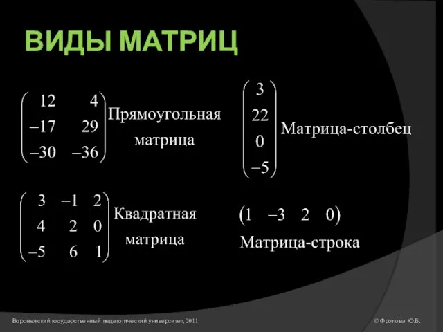 ВИДЫ МАТРИЦ © Фролова Ю.Б. Воронежский государственный педагогический университет, 2011