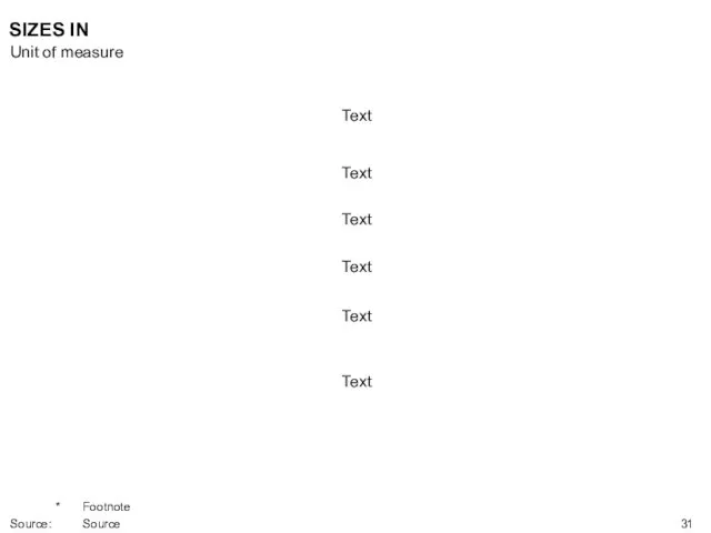 Text Text Text Text Text Text SIZES IN Unit of measure * Footnote Source: Source