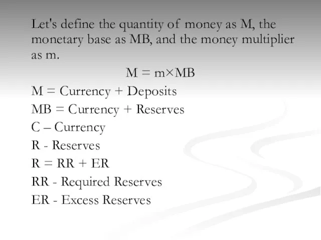 Let's define the quantity of money as M, the monetary base as