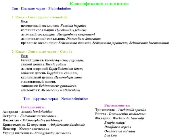 Классификация гельминтов Тип - Плоские черви - Plathelminthes 1. Класс - Сосальщики
