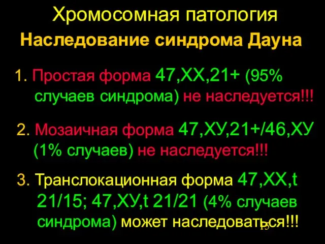 Хромосомная патология Наследование синдрома Дауна 1. Простая форма 47,ХХ,21+ (95% случаев синдрома)