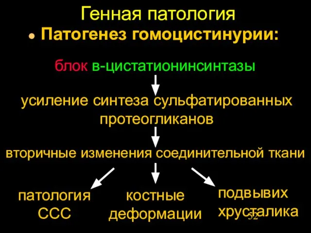 Генная патология Патогенез гомоцистинурии: блок в-цистатионинсинтазы усиление синтеза сульфатированных протеогликанов вторичные изменения