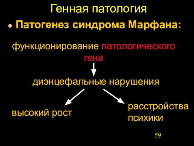 Генная патология Патогенез синдрома Марфана: диэнцефальные нарушения функционирование патологического гена высокий рост расстройства психики