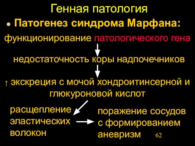 Генная патология Патогенез синдрома Марфана: недостаточность коры надпочечников функционирование патологического гена ↑