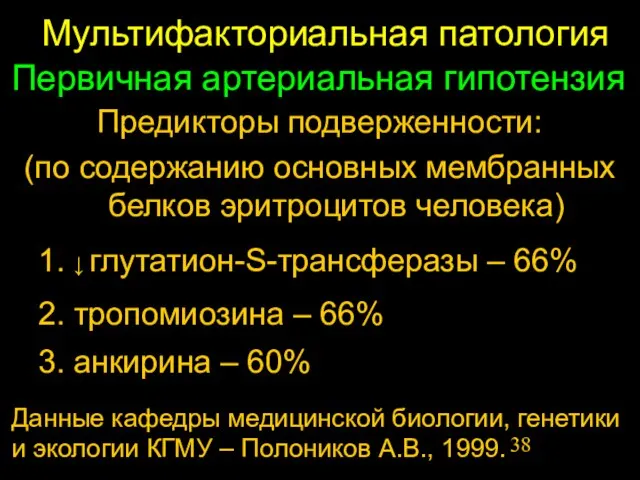 Мультифакториальная патология Предикторы подверженности: Первичная артериальная гипотензия 1. ↓ глутатион-S-трансферазы – 66%