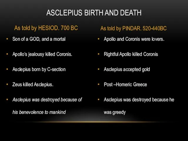 Apollo and Coronis were lovers. Rightful Apollo killed Coronis Asclepius accepted gold
