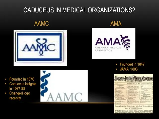 CADUCEUS IN MEDICAL ORGANIZATIONS? AAMC AMA Founded in 1876 Caduceus insignia in