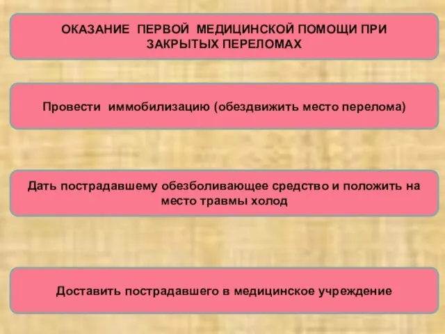 ОКАЗАНИЕ ПЕРВОЙ МЕДИЦИНСКОЙ ПОМОЩИ ПРИ ЗАКРЫТЫХ ПЕРЕЛОМАХ Доставить пострадавшего в медицинское учреждение