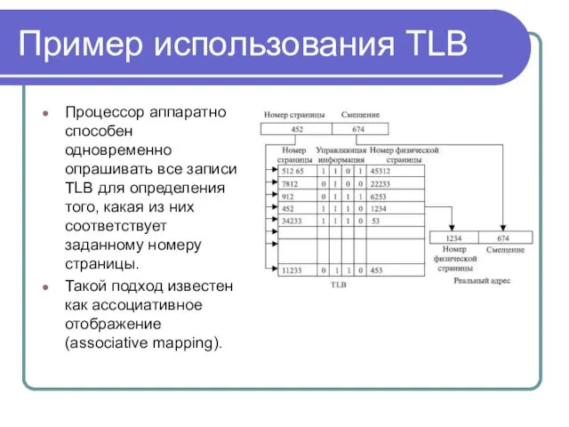 Пример использования TLB Процессор аппаратно способен одновременно опрашивать все записи TLB для