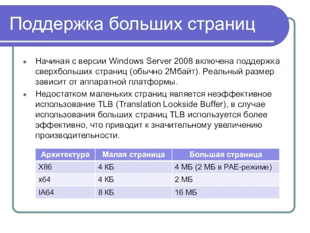 Поддержка больших страниц Начиная с версии Windows Server 2008 включена поддержка сверхбольших