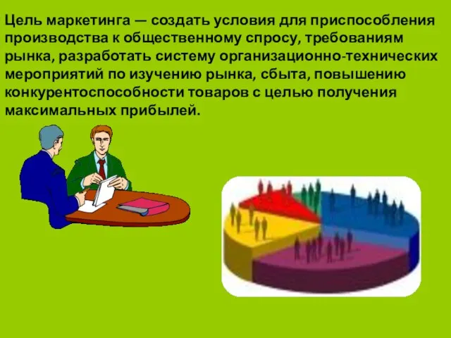 Цель маркетинга — создать условия для приспособления производства к общественному спросу, требованиям