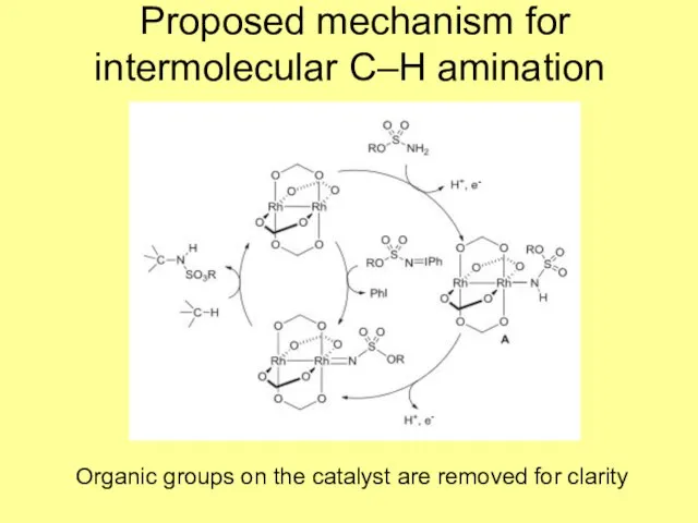 Proposed mechanism for intermolecular C–H amination Organic groups on the catalyst are removed for clarity