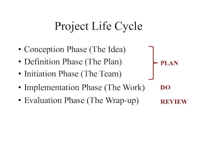 Project Life Cycle Evaluation Phase (The Wrap-up) DO PLAN REVIEW Conception Phase