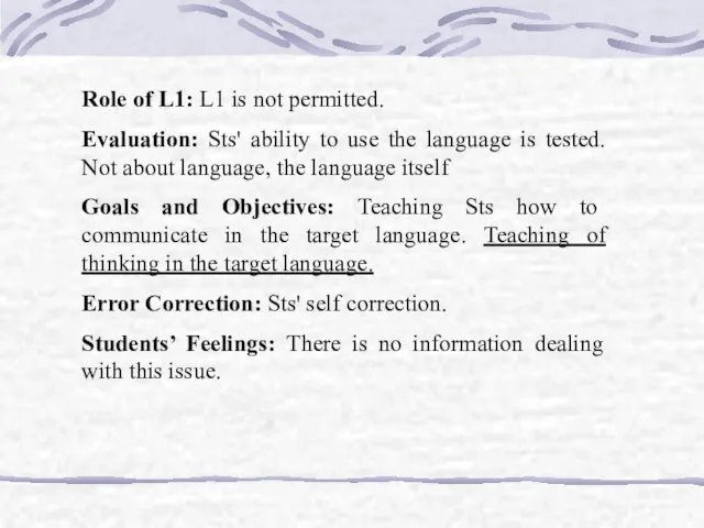 Role of L1: L1 is not permitted. Evaluation: Sts' ability to use