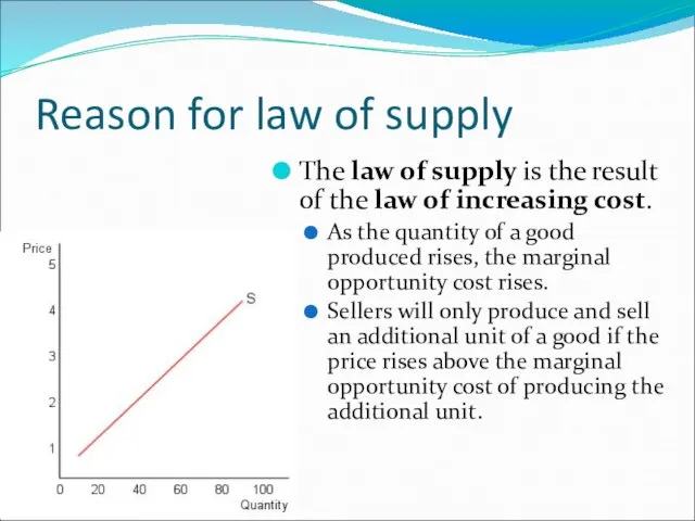 Reason for law of supply The law of supply is the result