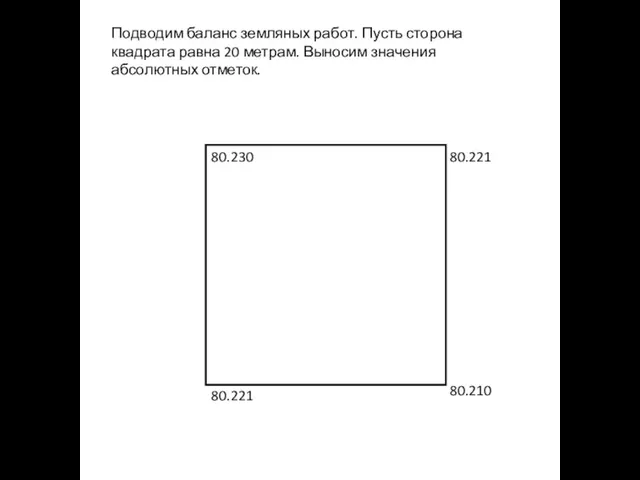 Подводим баланс земляных работ. Пусть сторона квадрата равна 20 метрам. Выносим значения