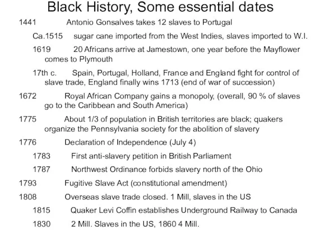 Black History, Some essential dates Antonio Gonsalves takes 12 slaves to Portugal