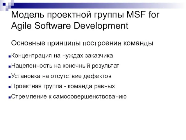 Модель проектной группы MSF for Agile Software Development Основные принципы построения команды